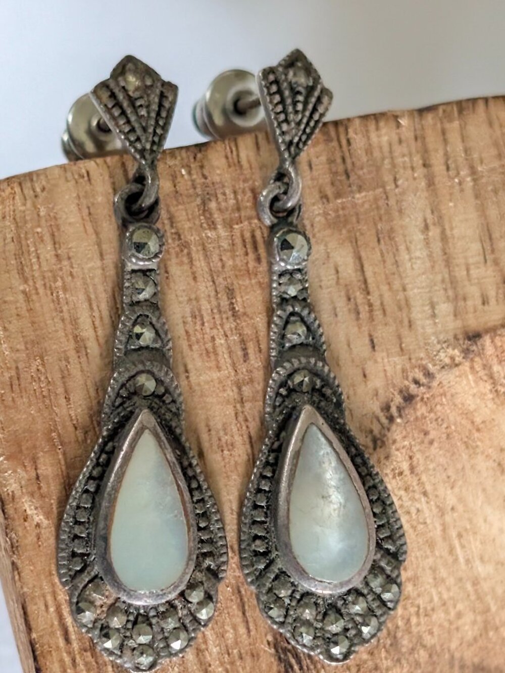 Sterling Silver Mother of Pearl Marcasite Drop Earrings | Vintage Art Deco Style